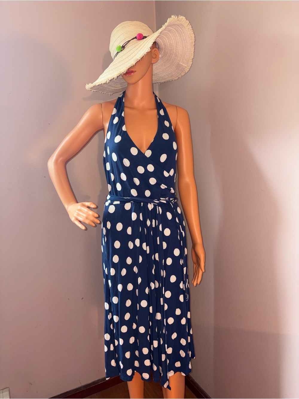Boden Navy and White Polka Dot Halter Midi Dress